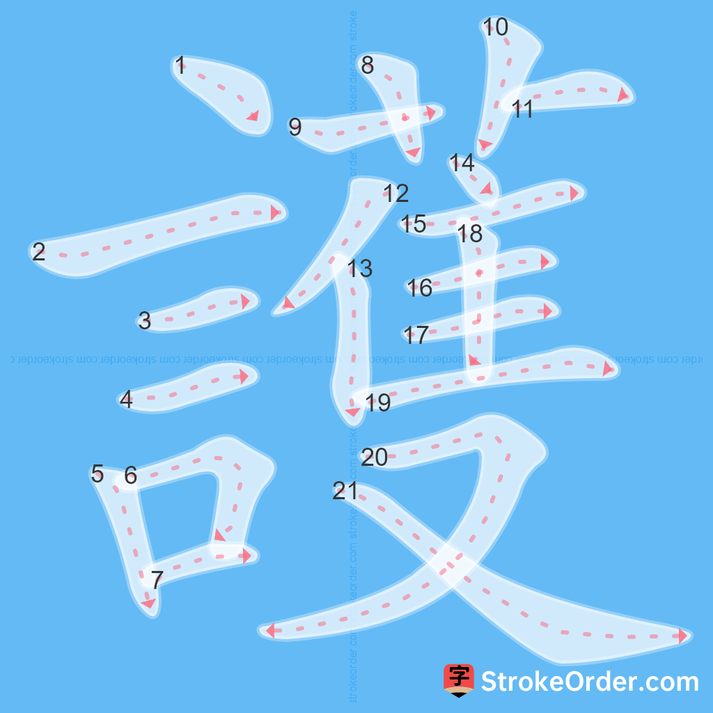 Standard stroke order for the Chinese character 護