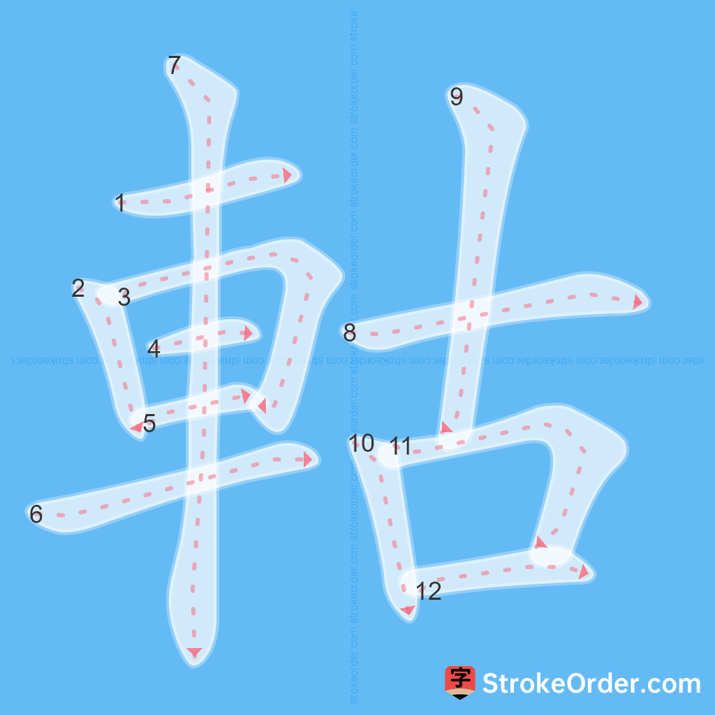 Standard stroke order for the Chinese character 軲