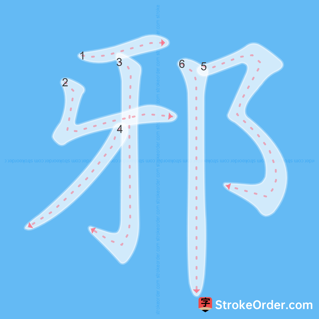 Standard stroke order for the Chinese character 邪