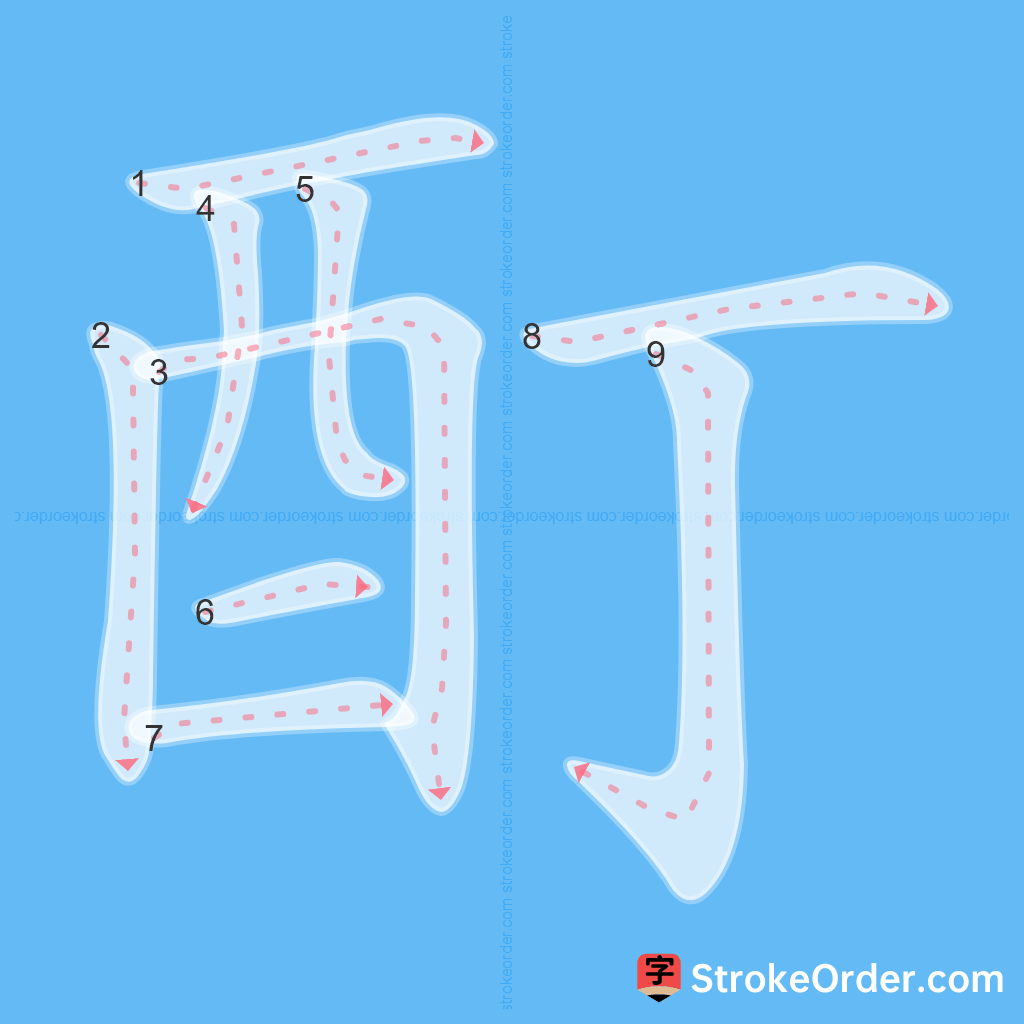 Standard stroke order for the Chinese character 酊