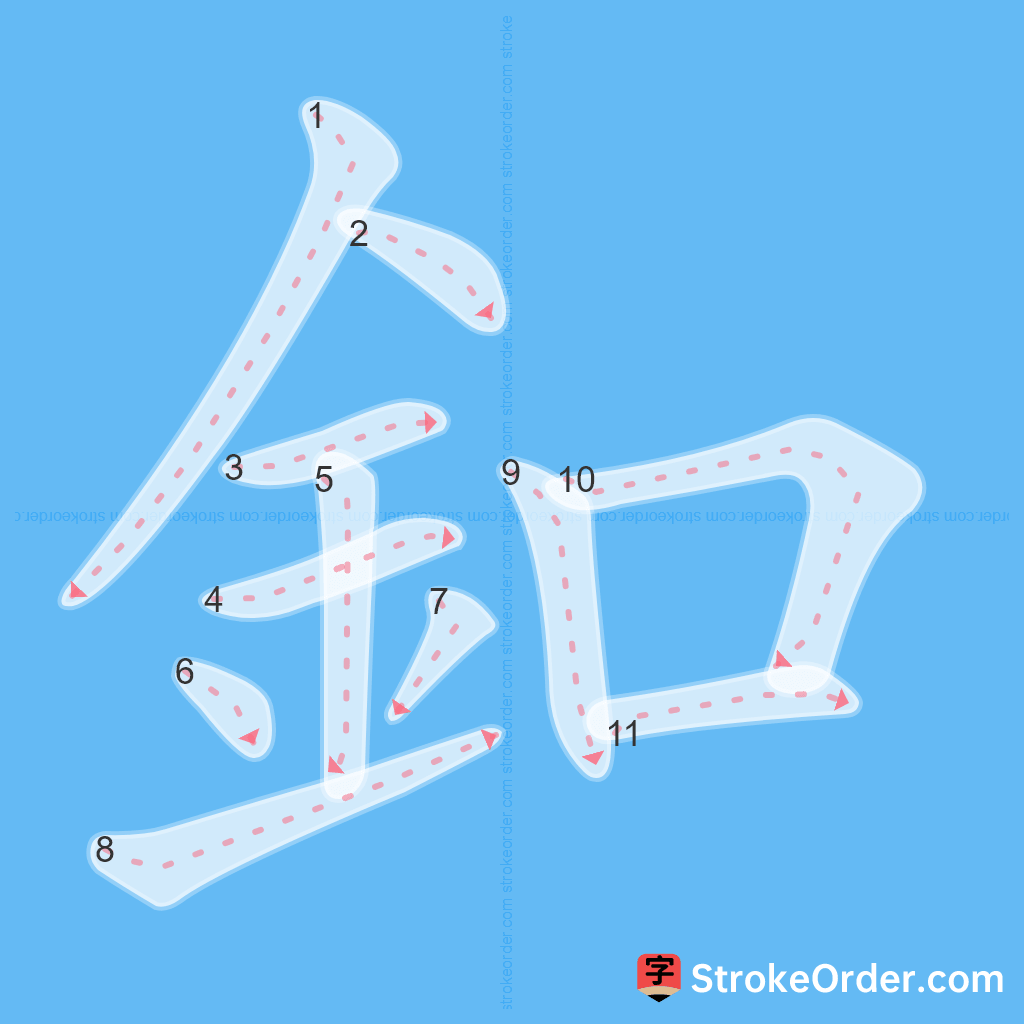 Standard stroke order for the Chinese character 釦