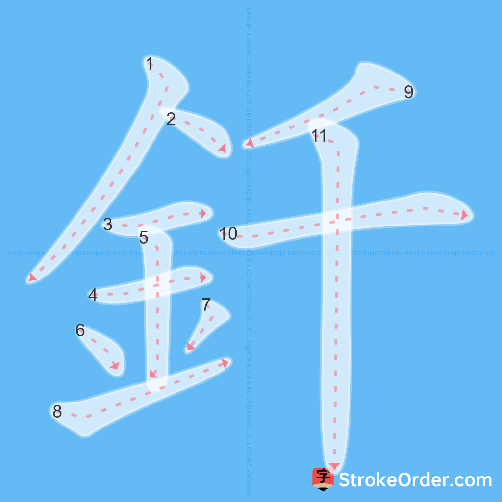 Standard stroke order for the Chinese character 釺