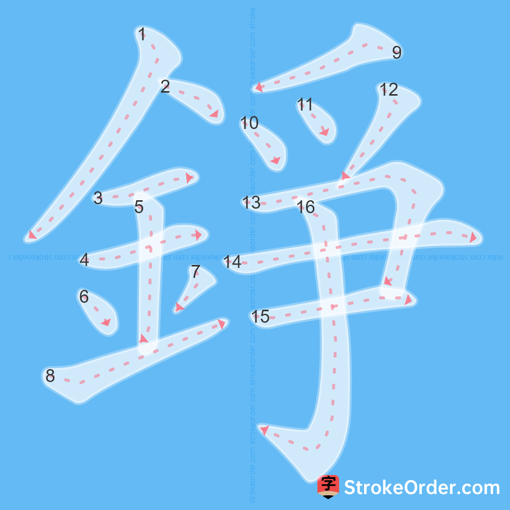 Standard stroke order for the Chinese character 錚