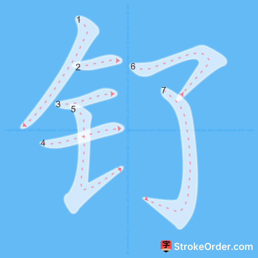 Standard stroke order for the Chinese character 钌