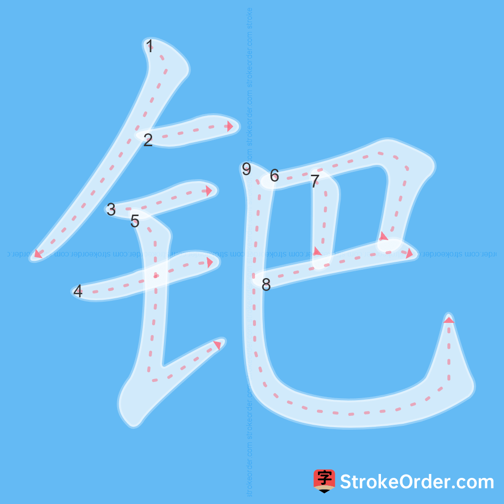 Standard stroke order for the Chinese character 钯