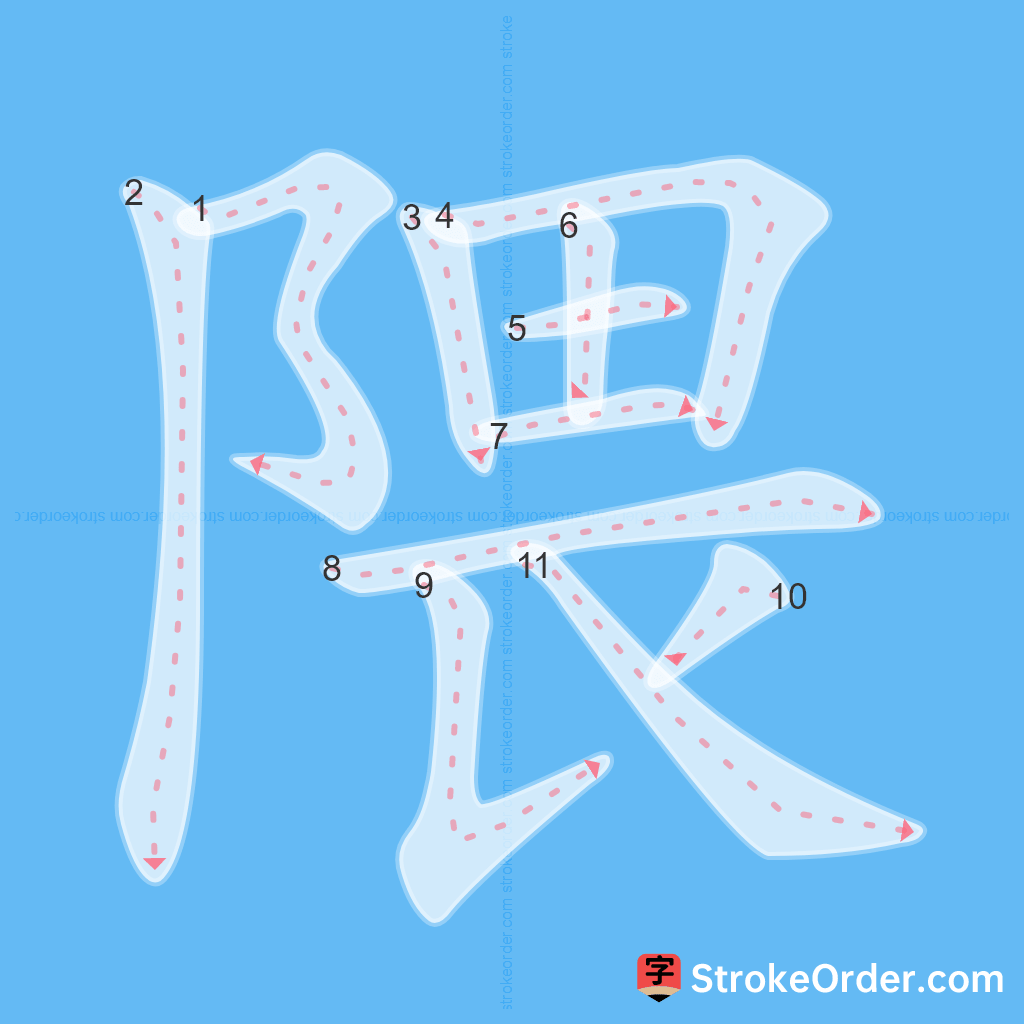 Standard stroke order for the Chinese character 隈