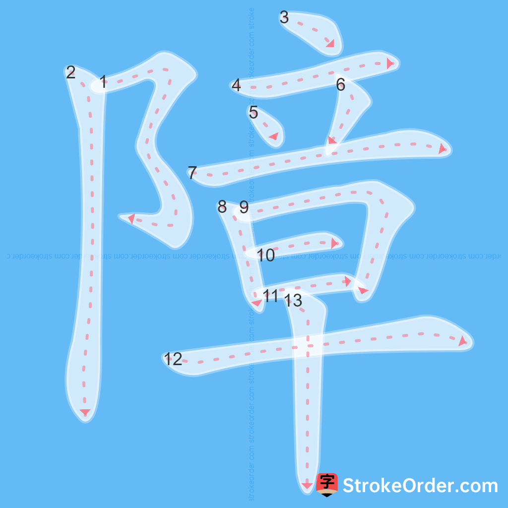 Standard stroke order for the Chinese character 障