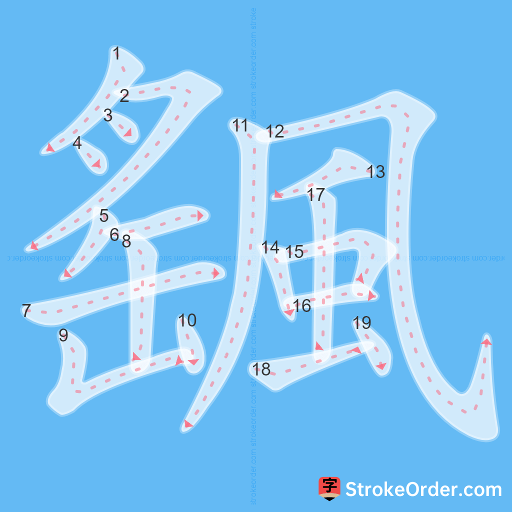 Standard stroke order for the Chinese character 颻