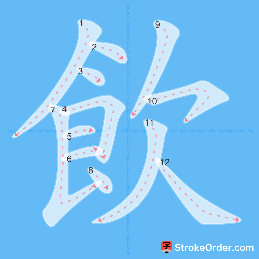 Standard stroke order for the Chinese character 飲