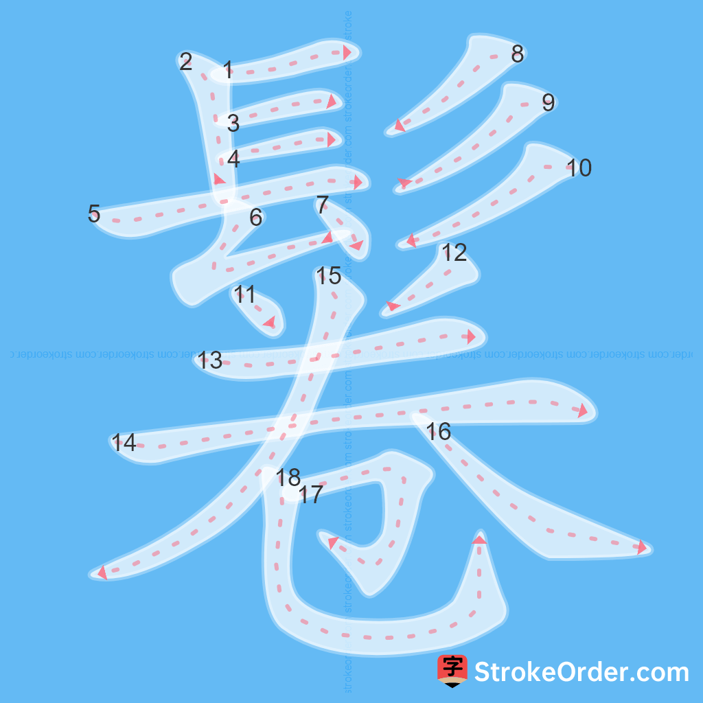 Standard stroke order for the Chinese character 鬈