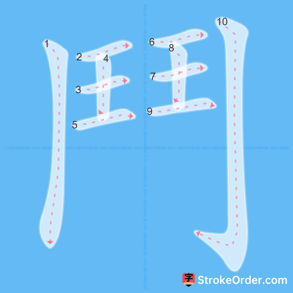 Standard stroke order for the Chinese character 鬥