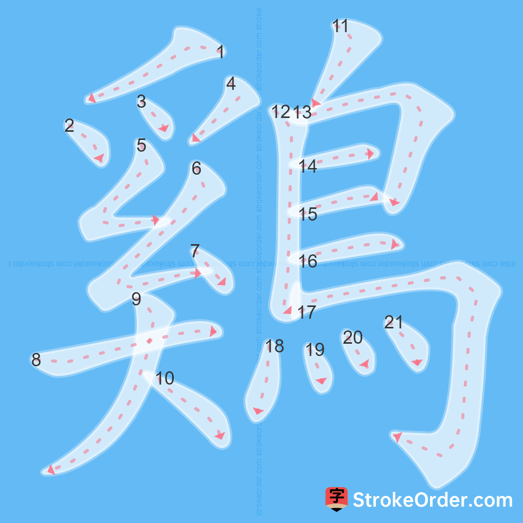 Standard stroke order for the Chinese character 鷄