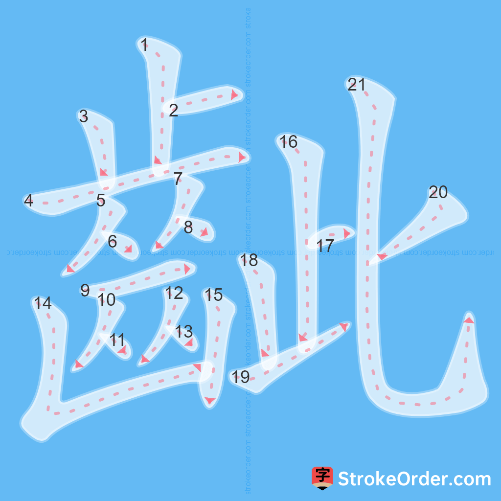 Standard stroke order for the Chinese character 齜