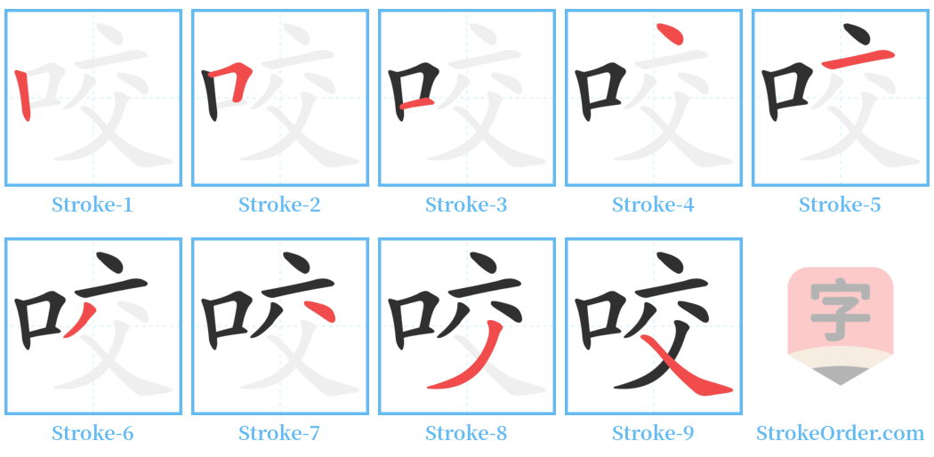 咬 Stroke Order Diagrams