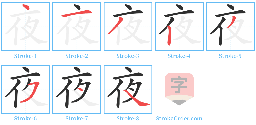 夜 Stroke Order Diagrams