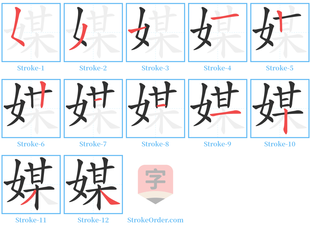 媒 Stroke Order Diagrams