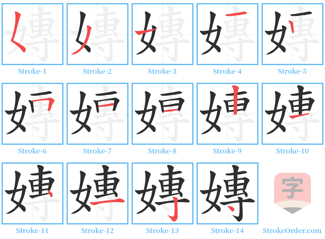 嫥 Stroke Order Diagrams