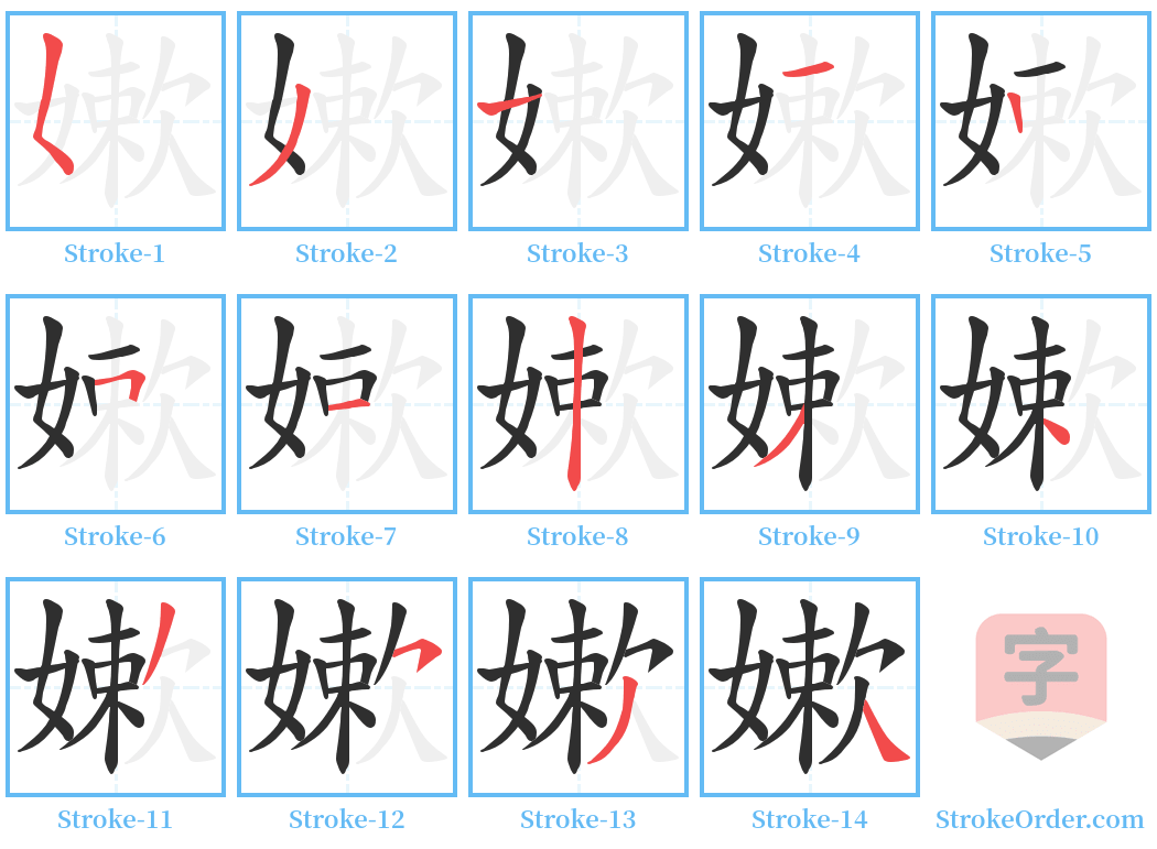 嫰 Stroke Order Diagrams