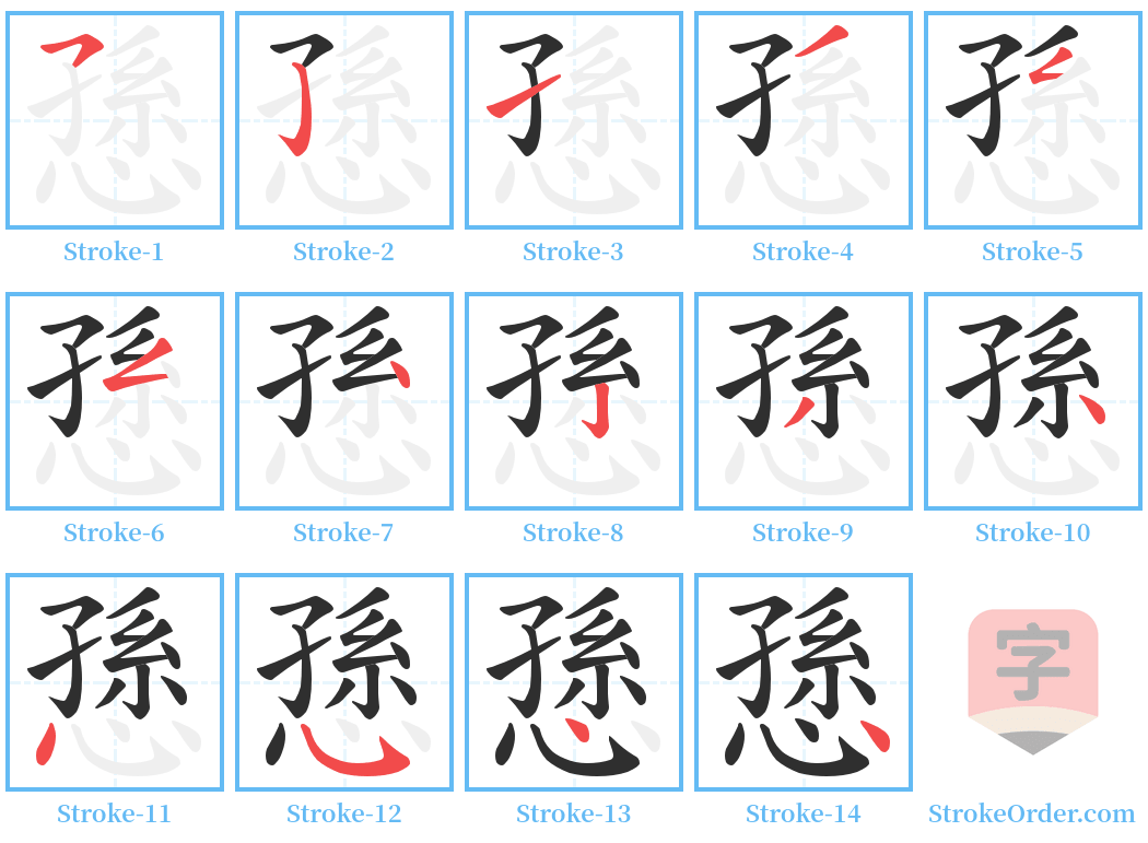 愻 Stroke Order Diagrams