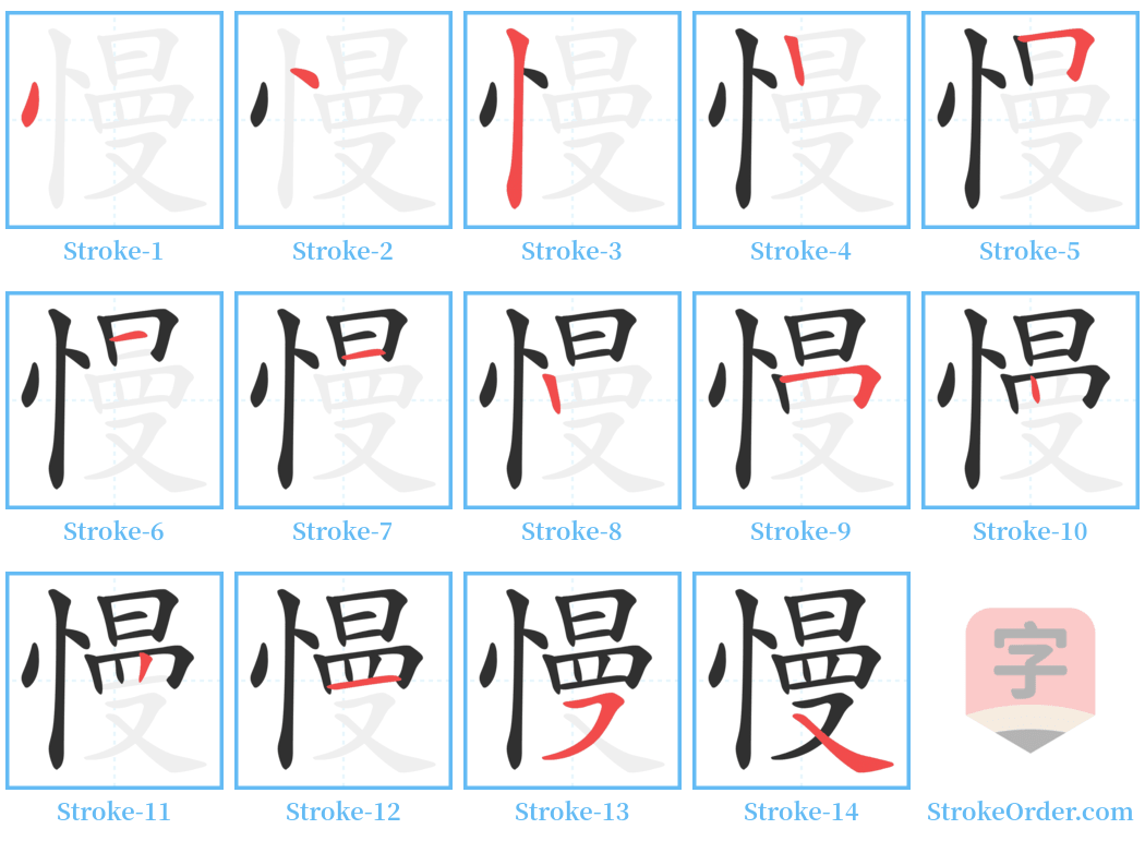 慢 Stroke Order Diagrams