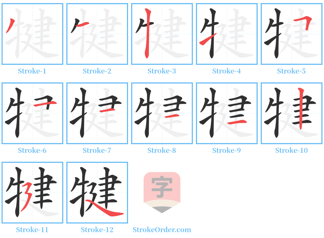 犍 Stroke Order Diagrams