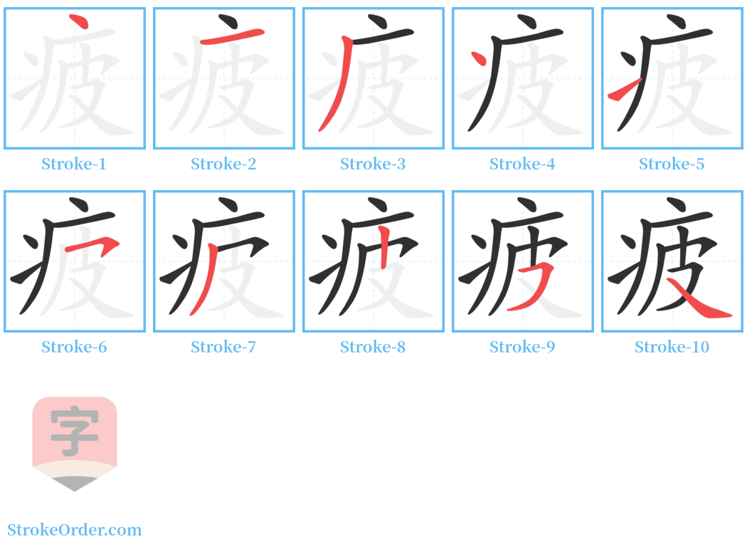 疲 Stroke Order Diagrams