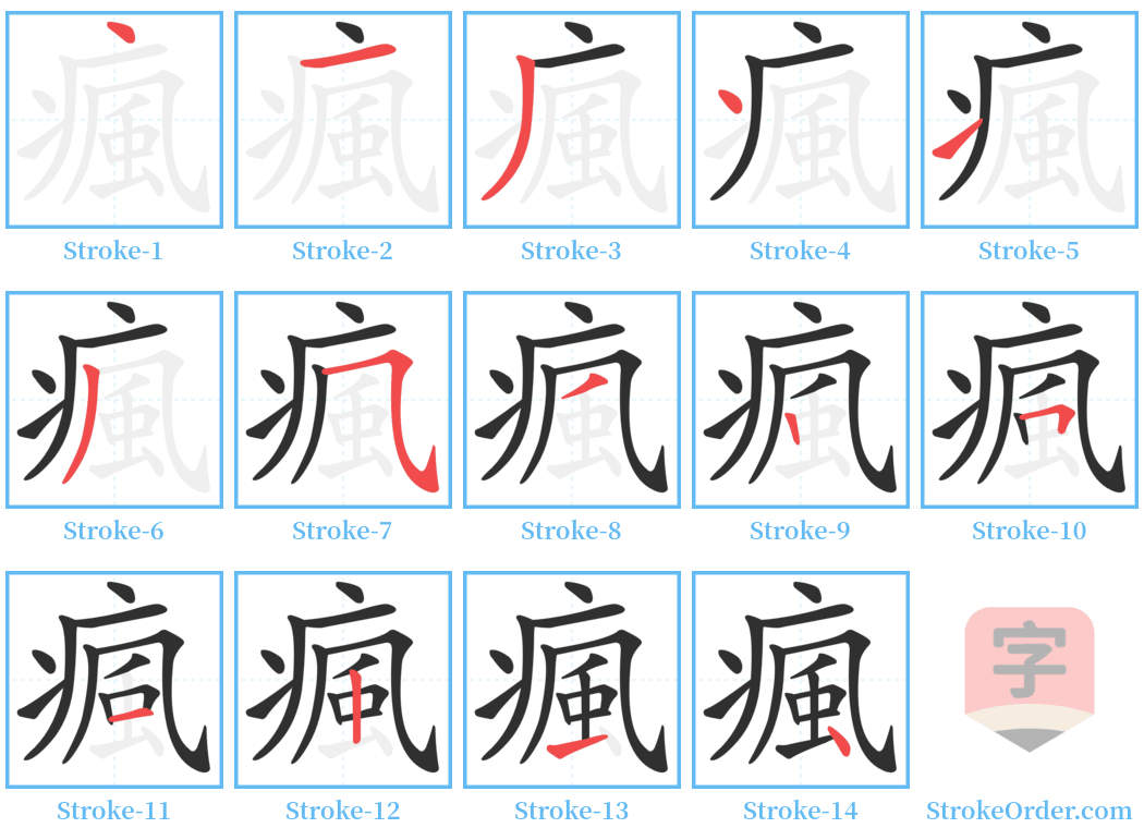 瘋 Stroke Order Diagrams