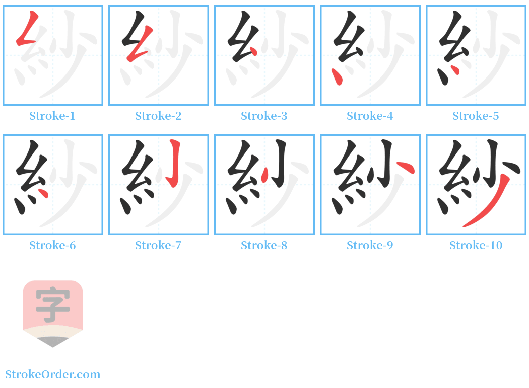 紗 Stroke Order Diagrams