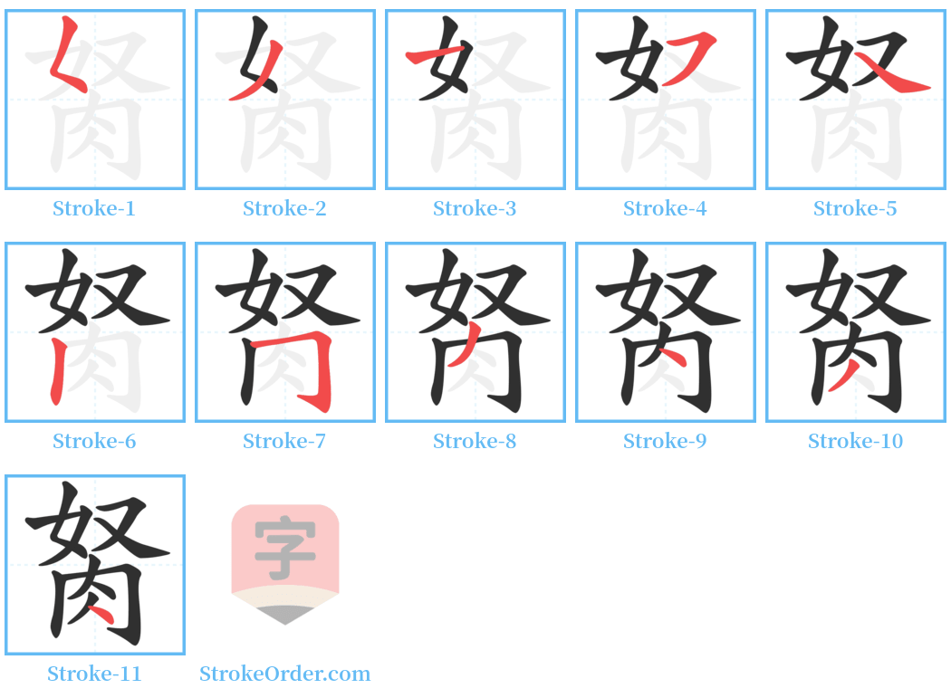 胬 Stroke Order Diagrams