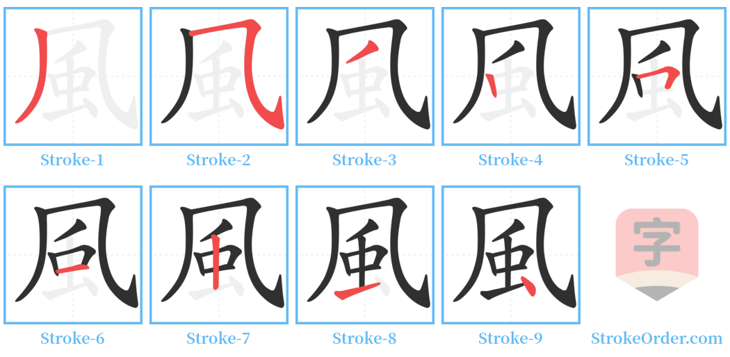 風 Stroke Order Diagrams